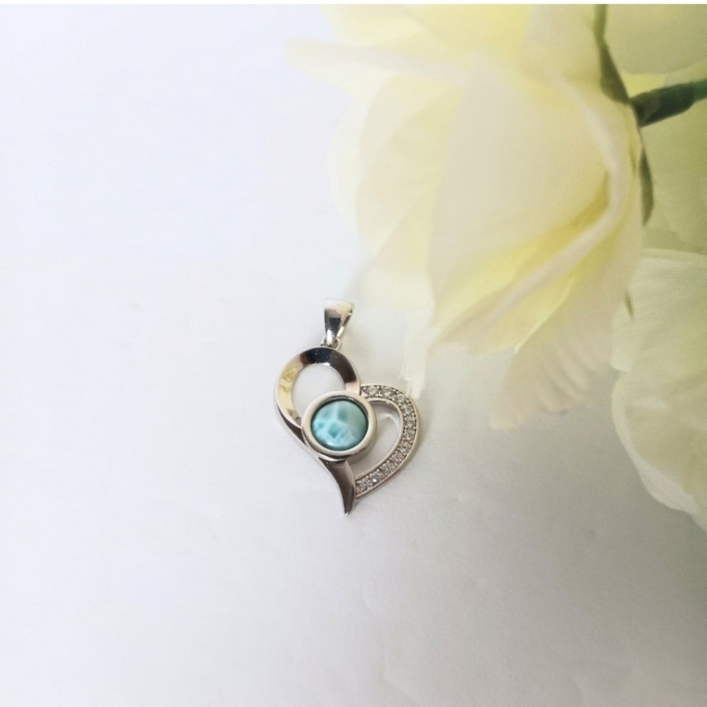 Punta Cana 925 Sterling Silver Larimar Heart CZ Pendant